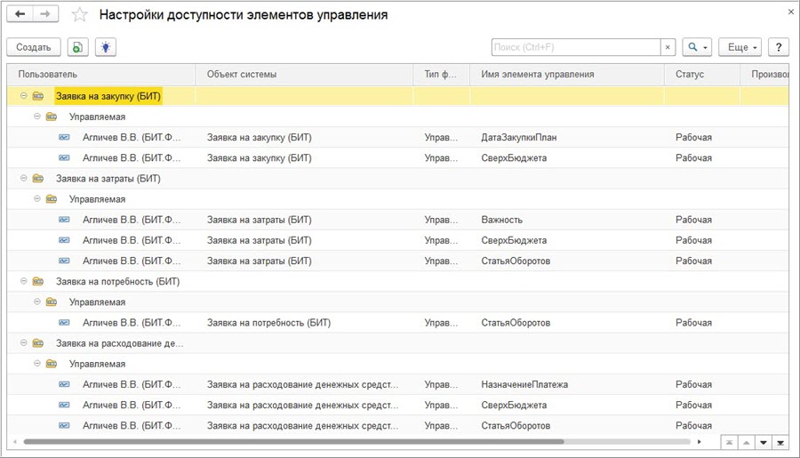 1с форма только просмотр доступность некоторых элементов